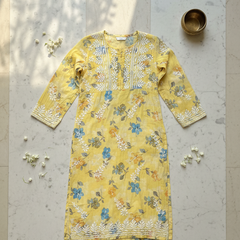 Yellow Chikankari Mulmul Pocket Kurti