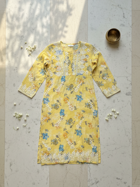 Yellow Chikankari Mulmul Pocket Kurti