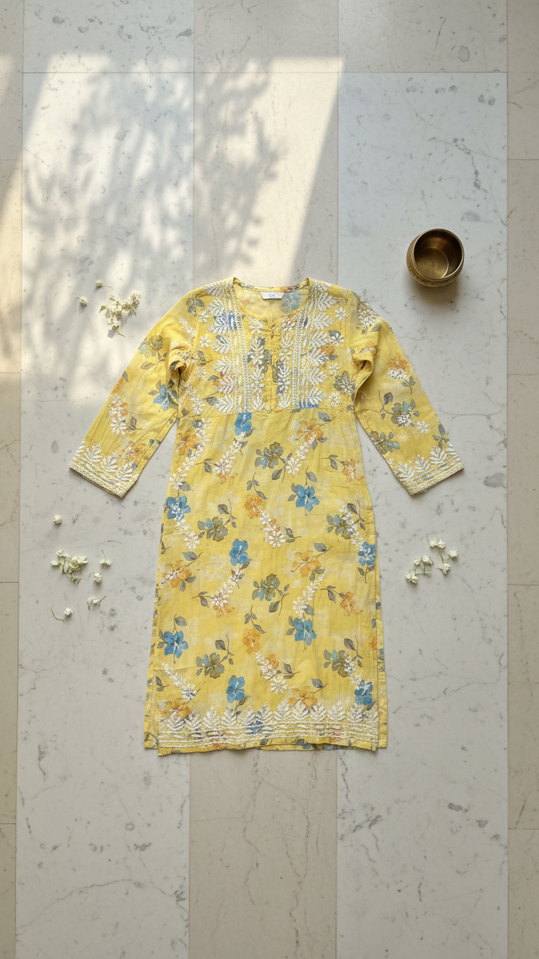 Yellow Chikankari Mulmul Pocket Kurti