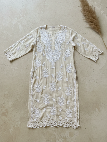Readymade Crepe Silk Off White Kurta With Cut Work