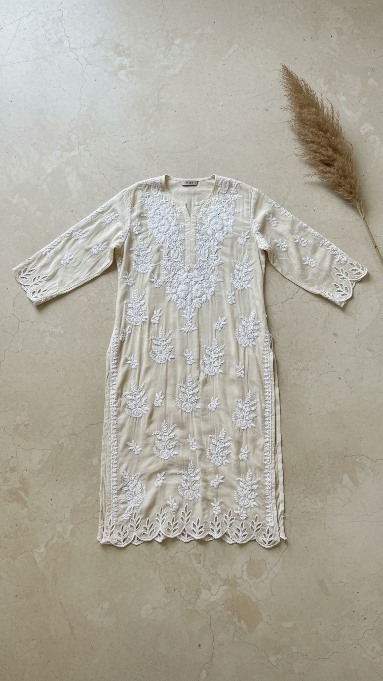 Readymade Crepe Silk Off White Kurta With Cut Work