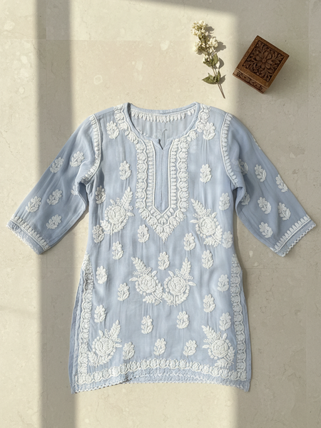 Readymade Blue Muslin Short Kurta