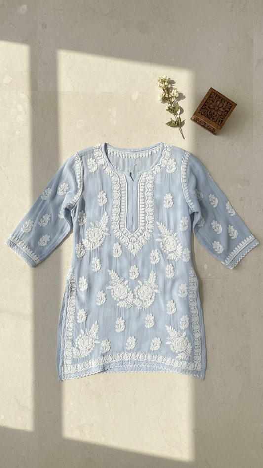 Readymade Blue Muslin Short Kurta