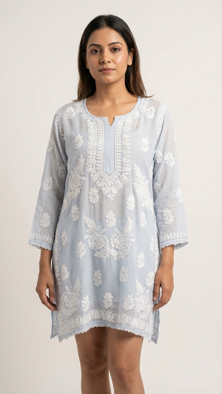 Readymade Blue Muslin Short Kurta