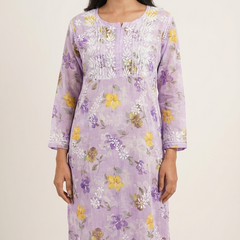 Lavender Chikankari Mulmul Pocket Kurti