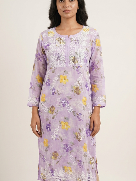 Lavender Chikankari Mulmul Pocket Kurti