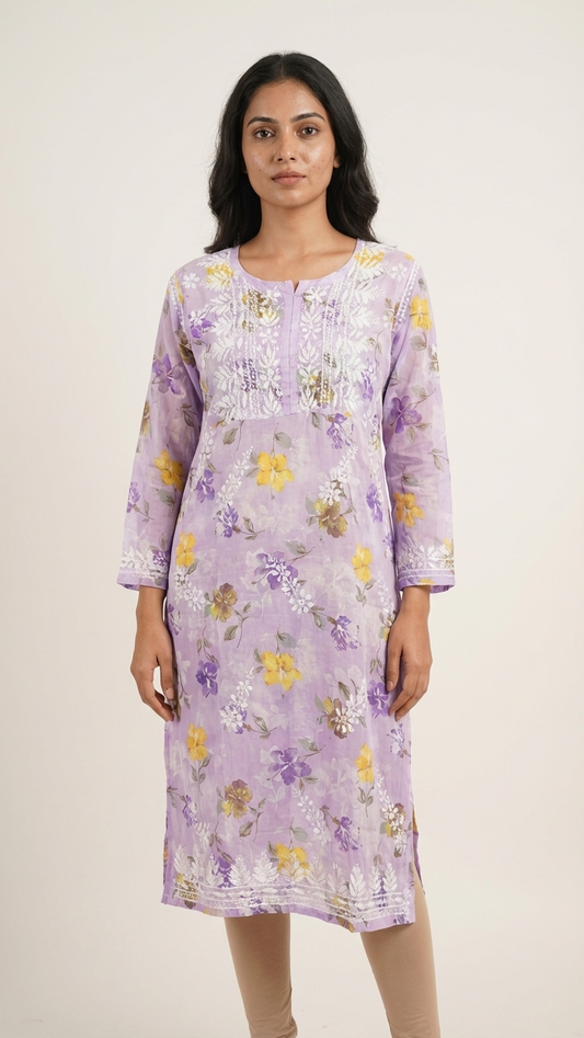 Lavender Chikankari Mulmul Pocket Kurti