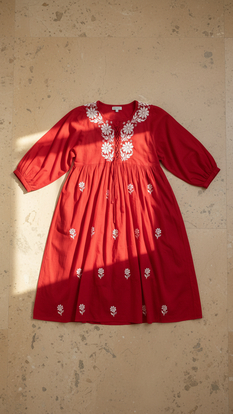 Readymade Cotton Red Dress - Freesize