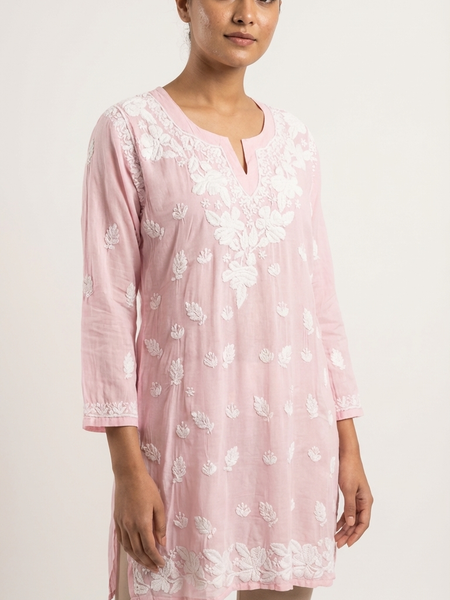 Readymade Pink Muslin Short Kurta