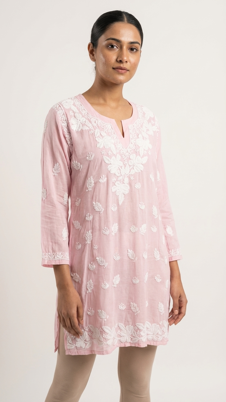 Readymade Pink Muslin Short Kurta