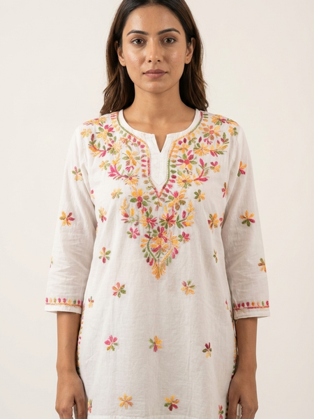 White Short Kurti With Multicolor Chikankari Work