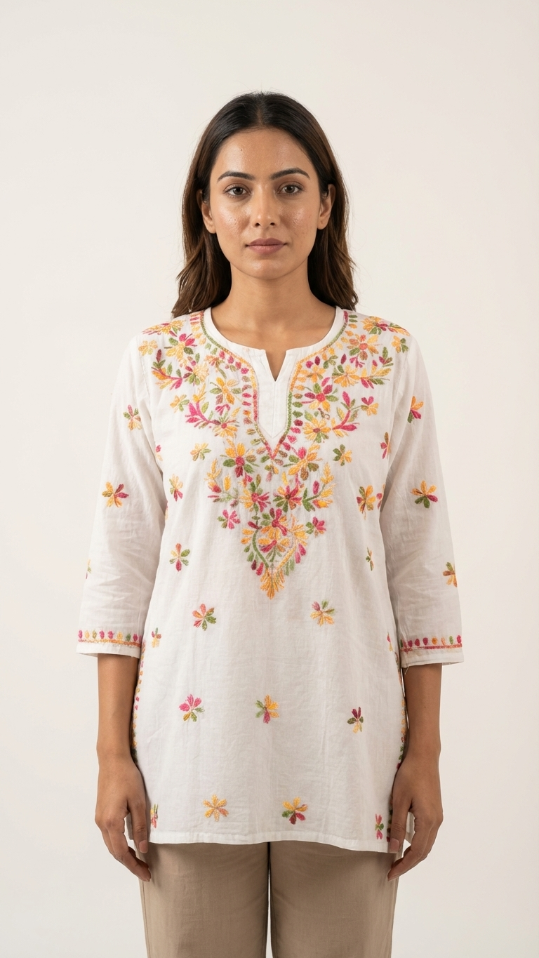 White Short Kurti With Multicolor Chikankari Work