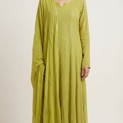 Olive Green Semistitched Georgette Anarkali With Dupatta