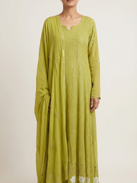 Olive Green Semistitched Georgette Anarkali With Dupatta