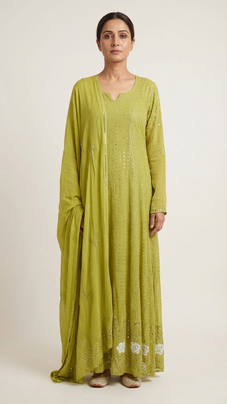 Olive Green Semistitched Georgette Anarkali With Dupatta