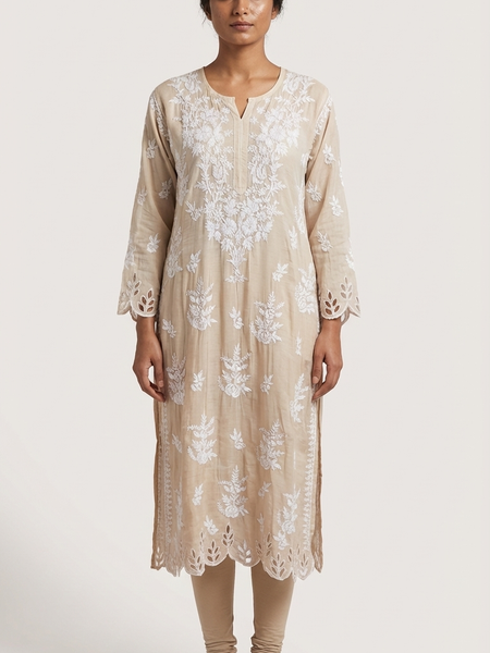 Readymade Crepe Silk Off White Kurta With Cut Work