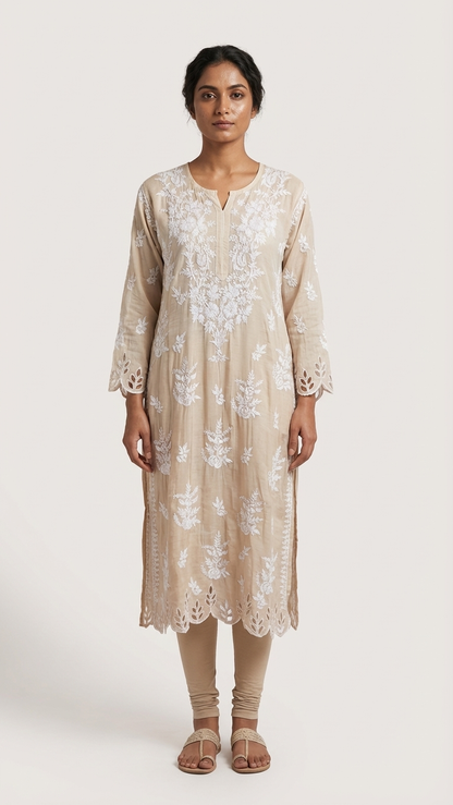 Readymade Crepe Silk Off White Kurta With Cut Work