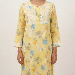Yellow Chikankari Mulmul Pocket Kurti