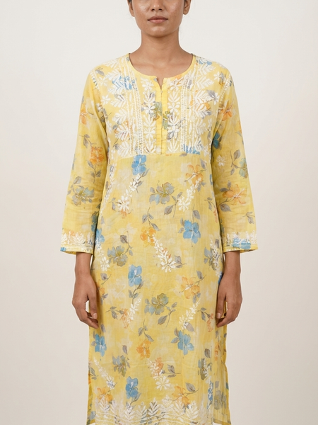 Yellow Chikankari Mulmul Pocket Kurti