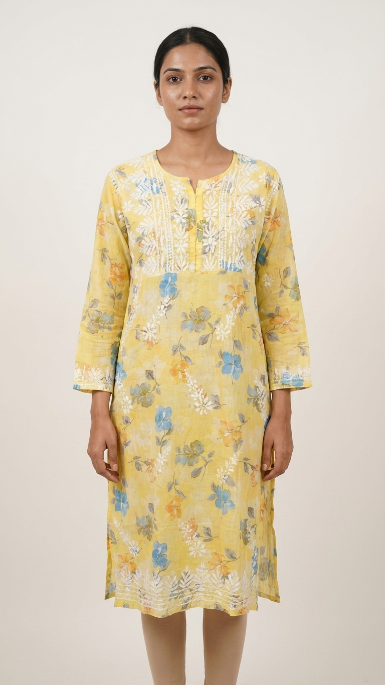 Yellow Chikankari Mulmul Pocket Kurti