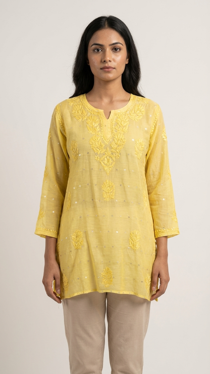 Heritage Scarlet Chanderi Yellow Short Kurti