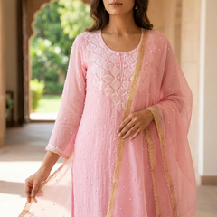 Pink Pearl Chikankari Work Unstitched Suit Set