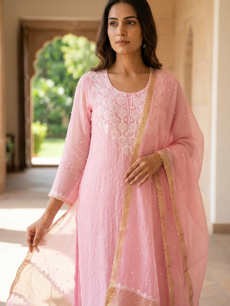 Pink Pearl Chikankari Work Unstitched Suit Set