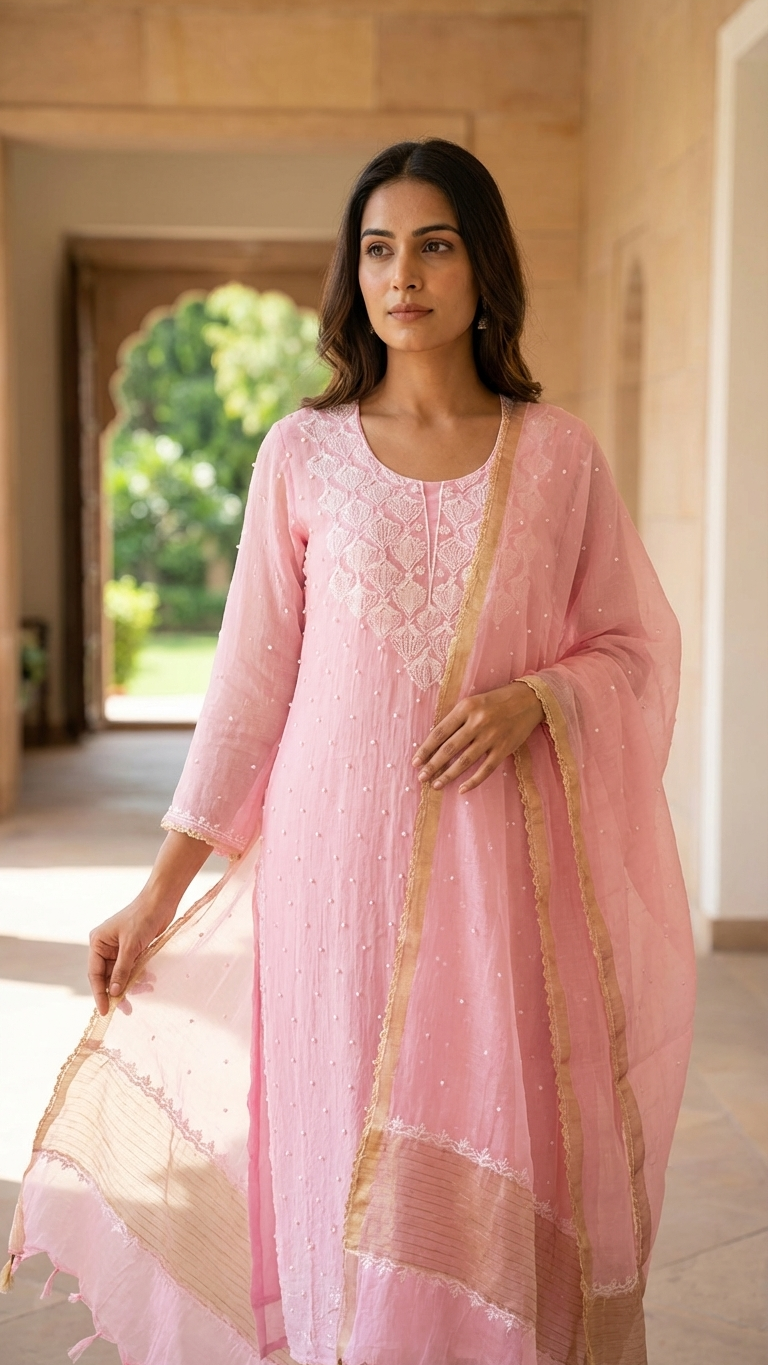 Pink Pearl Chikankari Work Unstitched Suit Set