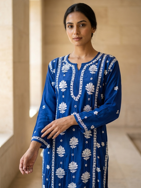 Readymade Crepe Silk in Royal Blue Color Kurta