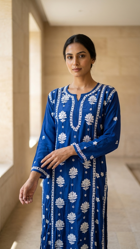 Readymade Crepe Silk in Royal Blue Color Kurta
