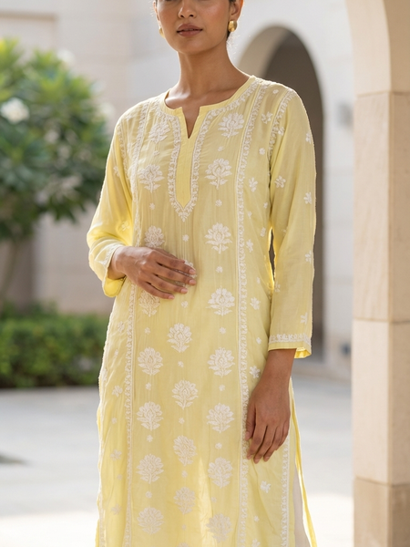 Readymade Crepe Silk in Yellow Color Kurta