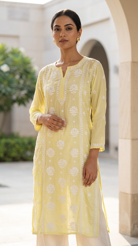 Readymade Crepe Silk in Yellow Color Kurta