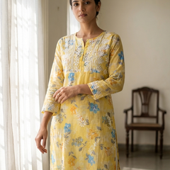 Yellow Chikankari Mulmul Pocket Kurti