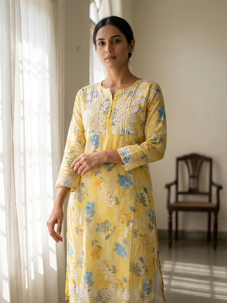 Yellow Chikankari Mulmul Pocket Kurti