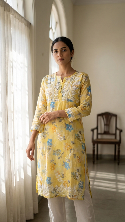 Yellow Chikankari Mulmul Pocket Kurti