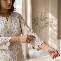 Readymade Crepe Silk Off White Kurta With Cut Work