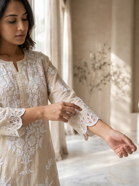 Readymade Crepe Silk Off White Kurta With Cut Work