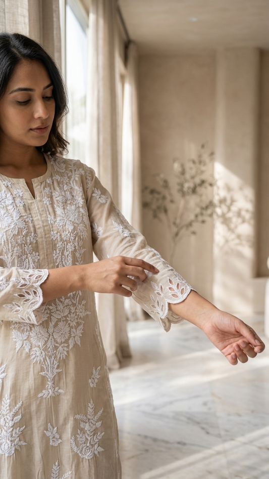 Readymade Crepe Silk Off White Kurta With Cut Work