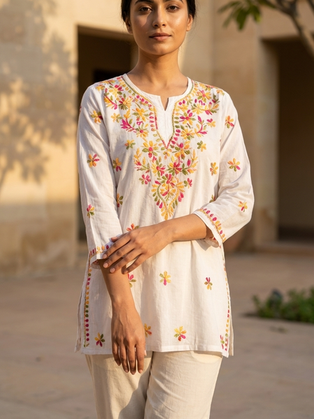 White Short Kurti With Multicolor Chikankari Work