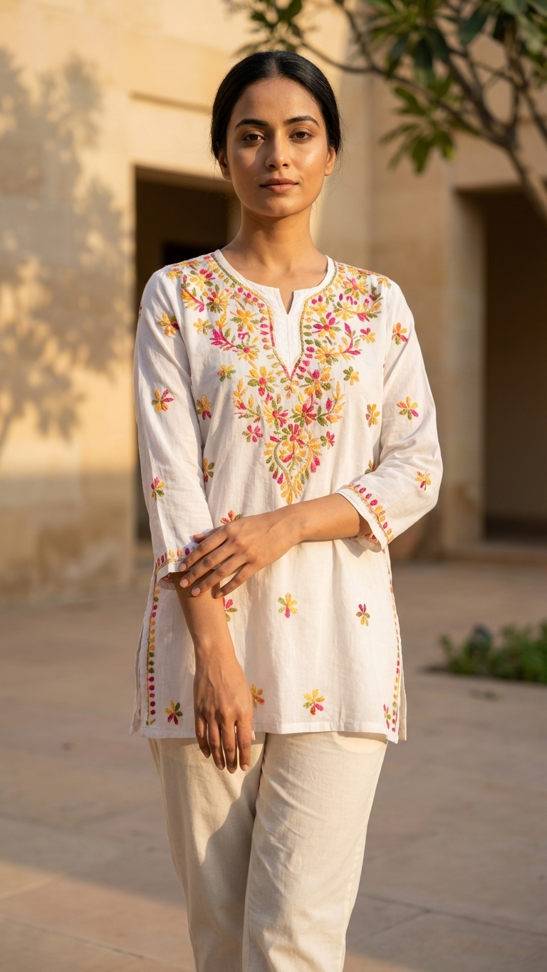 White Short Kurti With Multicolor Chikankari Work