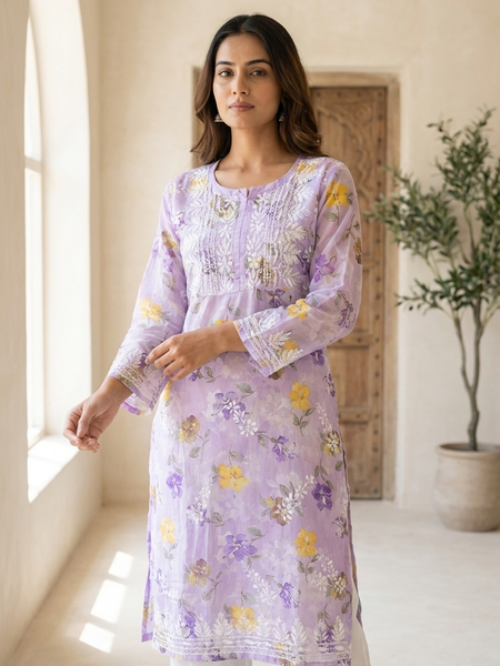 Lavender Chikankari Mulmul Pocket Kurti