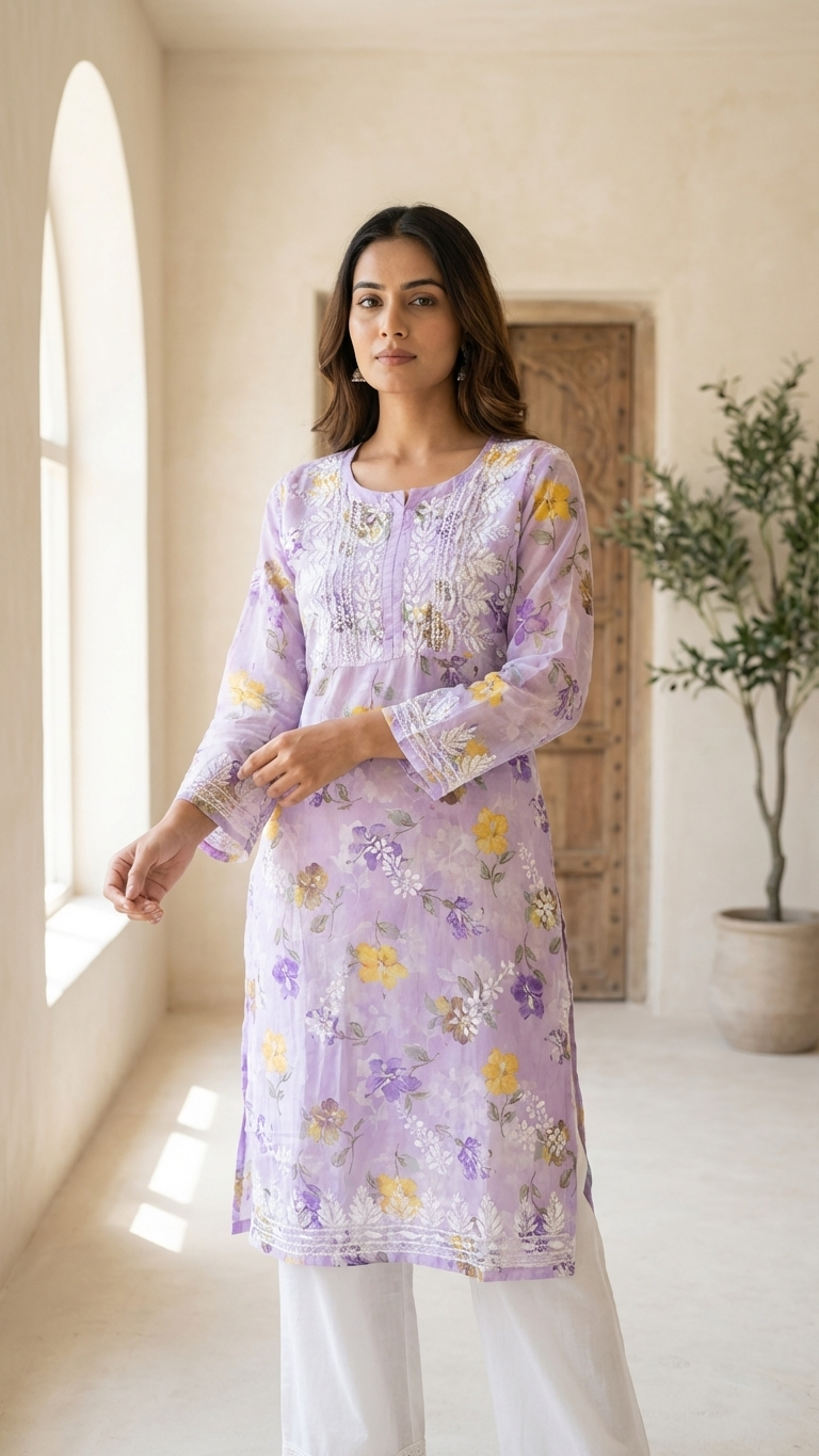 Lavender Chikankari Mulmul Pocket Kurti
