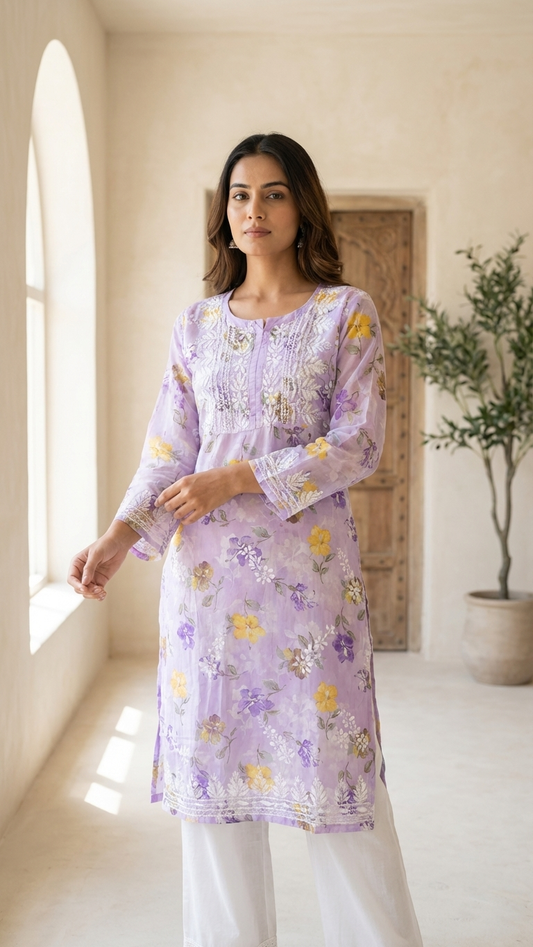 Lavender Chikankari Mulmul Pocket Kurti