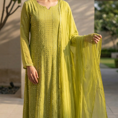 Olive Green Semistitched Georgette Anarkali With Dupatta