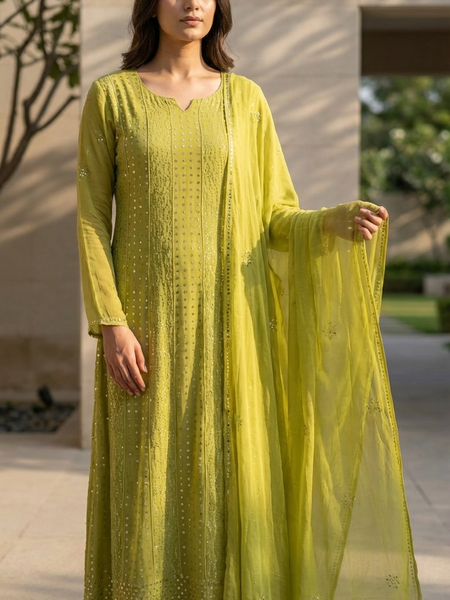 Olive Green Semistitched Georgette Anarkali With Dupatta