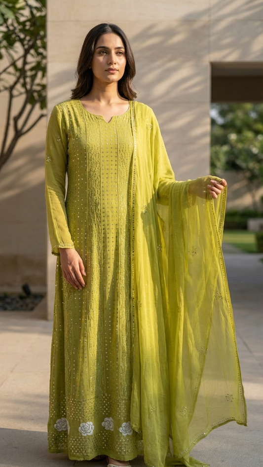 Olive Green Semistitched Georgette Anarkali With Dupatta