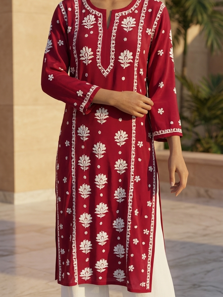 Readymade Crepe Silk in Red Color Kurta