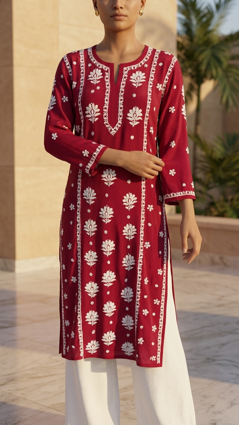 Readymade Crepe Silk in Red Color Kurta