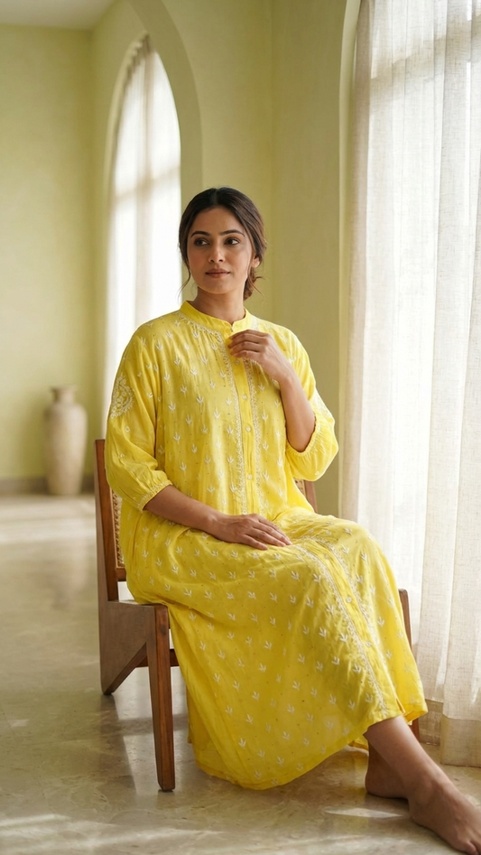 Yellow Chikanakri Jacket Dress - Freesize