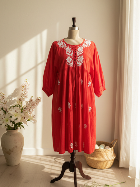 Readymade Cotton Red Dress - Freesize